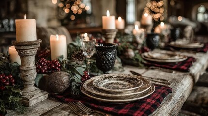 A decorated holiday table featuring plaid tablecloths vintage dishware and greenery centerpieces reflecting cozy traditional Christmas charm