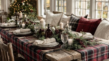 A decorated holiday table featuring plaid tablecloths vintage dishware and greenery centerpieces reflecting cozy traditional Christmas charm