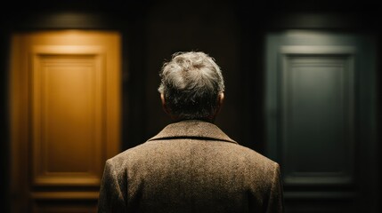 A man, viewed from the back, contemplating a choice between two brightly colored doors
