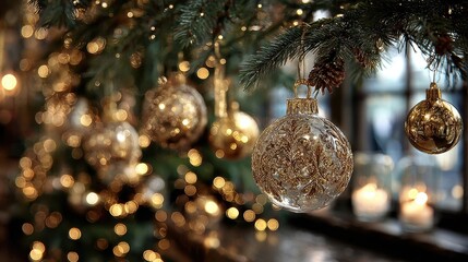 A close up of golden ornaments hanging from a fir branch with reflections of twinkling lights creating a luxurious and elegant Christmas atmosphere