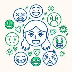Funny cartoon faces set of children and smiley characters illustration