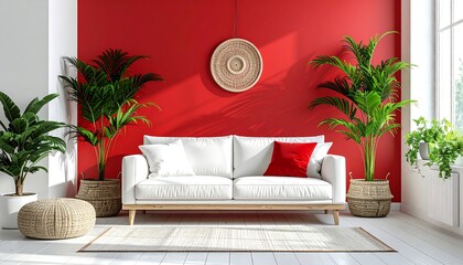 Red and white modern living room