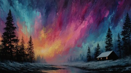 A night sky filled with aurora colors above a snow covered cabin framed by pine trees representing the Northern Lights of Christmas in breathtaking realism