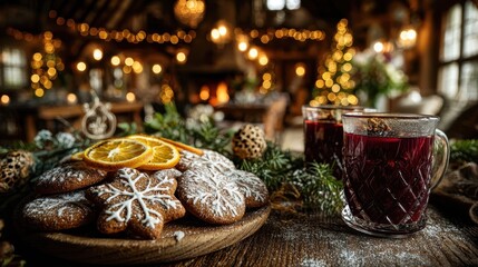 A close up of freshly baked gingerbread cookies and steaming cider on a wooden table inside a cozy inn evoking tradition comfort and family celebration