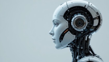 Fototapeta premium Profile view of a futuristic female humanoid robot's head with visible intricate mechanical details