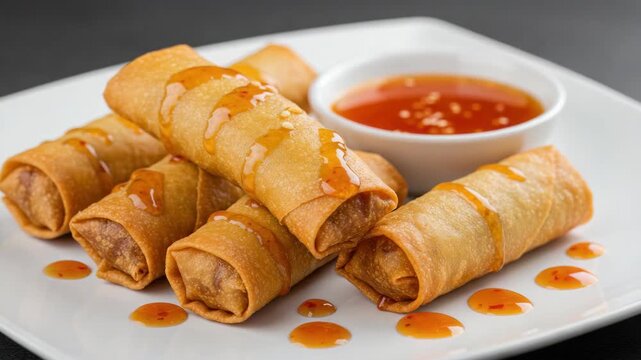 Close up of golden fried spring rolls with dipping sauce