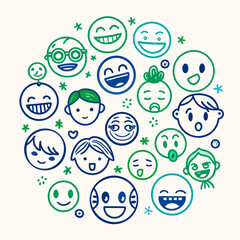 Funny cartoon faces set of children and smiley characters illustration