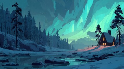 A tranquil night scene with the Northern Lights shimmering above snow covered pine forests near a cozy lodge representing serene winter beauty