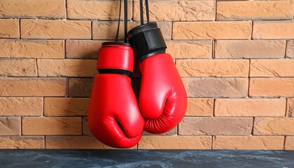 Red boxing gloves hanging on brick wall
