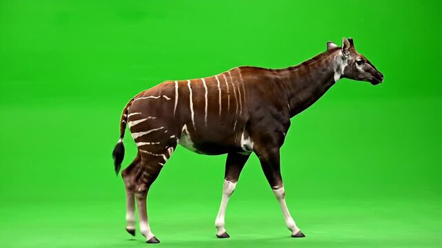 Graceful Okapi with distinctive striped legs walks against a vibrant green background.