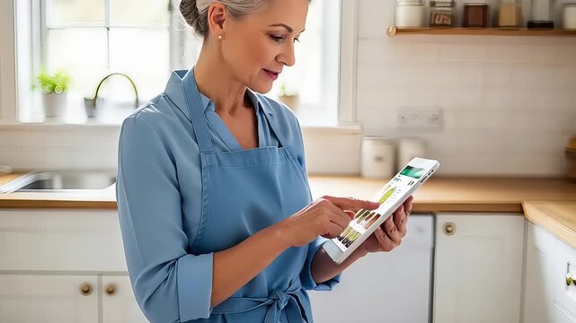 A focused mature woman in a modern kitchen apron efficiently navigates a digital tablet, exploring new recipes or managing smart home features with contemporary technology