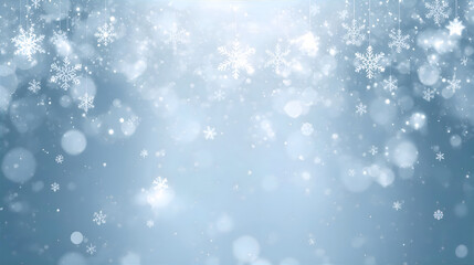 A soft, light blue background with falling snowflakes and bokeh lights, creating a wintery, festive atmosphere.