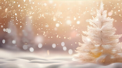 A serene winter scene featuring a frosted Christmas tree and falling snowflakes.