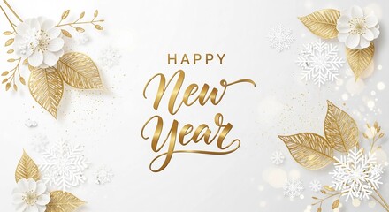 Elegant Golden and White Happy New Year Celebration with Festive Decorations