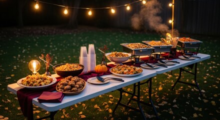 A beautifully arranged outdoor buffet featuring various dishes on a table, illuminated by warm string lights, with seasonal decorations and a cozy atmosphere in a garden setting