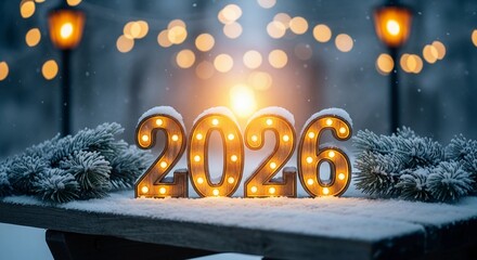 Glowing New Year 2026 Numbers Illuminated in Snowy Winter Wonderland