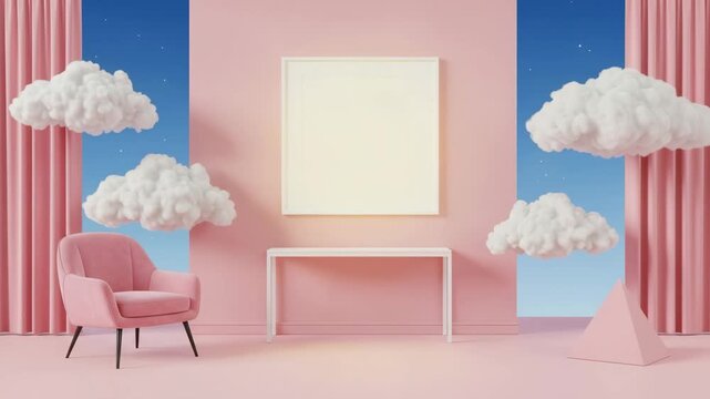Minimal modern wall frame mockup with bright pastel background and clouds creating dreamy aesthetic presentation concept