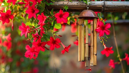 Red flowers cascade beside a hanging bamboo wind chime