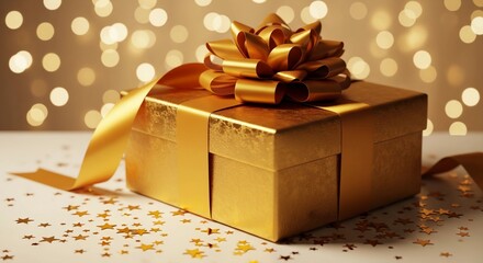 Luxurious golden gift box tied with a wide satin ribbon and decorated with a large bow surrounded by glittering confetti and bokeh lights