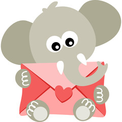 Cute cartoon elephant holding pink love letter envelope with heart detail in pastel colors on transparent background