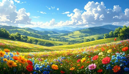 Vibrant meadow landscape under a bright blue sky