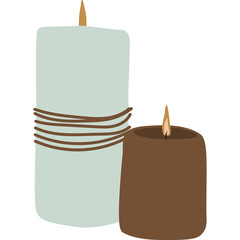 Two decorative pillar candles one tall light blue with twine wrap and one short brown both lit with warm flames on a transparent background