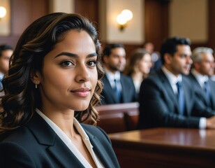 A portrait of a young lawyer looking sideways with a confident face in front of the court.