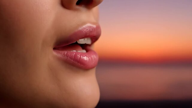 A close-up view captures glossy pink lips pursed against a beautiful colorful sunset.