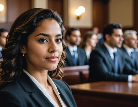 A portrait of a young lawyer looking sideways with a confident face in front of the court.