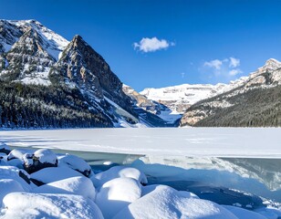 Winter wonderland with frozen lake and snowy mountains