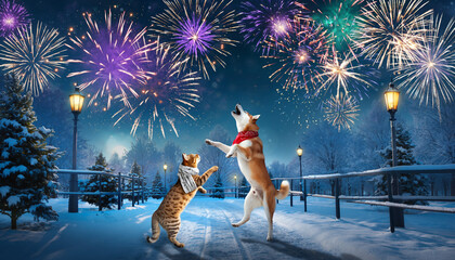 A playful scene of a cat jumping and a dog barking joyfully as fireworks burst above a snowy park at night. Vibrant colors, energy, and excitement fill the air 