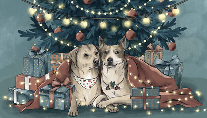 Dogs cuddled together under a soft blanket surrounded by wrapped gifts, fairy lights, and a Christmas tree backdrop. 