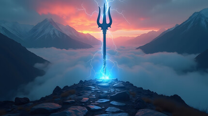 Shiva's Trishula Struck by Blue Lightning on Misty Mountain Peak