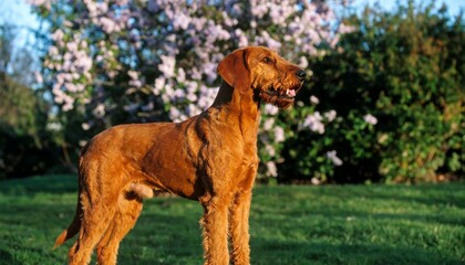 Reddish-brown dog stands in grassy area before blooming lilac bush