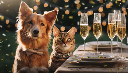 Close-up of a dog wearing a bow tie and a cat in a glittery collar sitting by a festive dinner table with champagne glasses (non-alcoholic pet version), confetti in the air, golden tones, and bokeh 