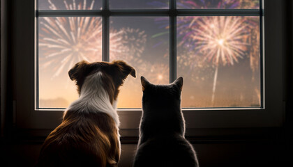 Silhouette of a dog and a cat sitting side by side near a large window, gazing out at bright fireworks illuminating the night sky. A soft glow from the fireworks reflects on their fur 
