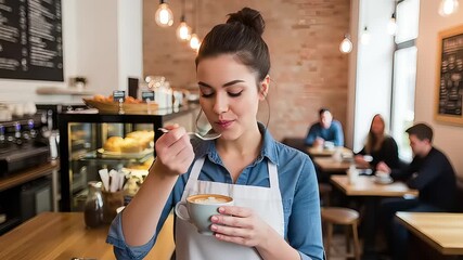 Dedicated female barista expertly evaluates the rich aroma and quality of a carefully crafted coffee beverage, ensuring perfection in every cup served at a bustling, modern cafe setting