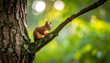 Reddish-brown squirrel perched on a moss-covered branch