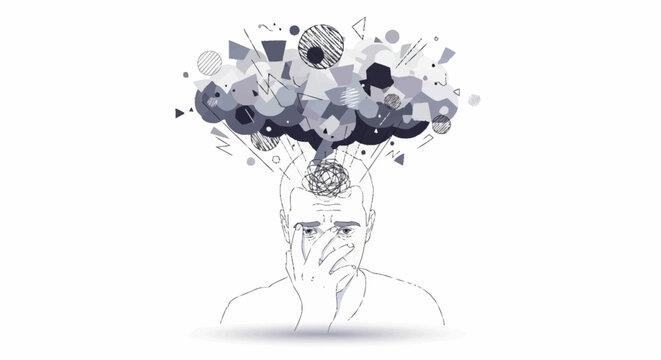Vector illustration of a person overwhelmed by chaotic thoughts, their head exploding into a cloud of abstract shapes representing stress and anxiety