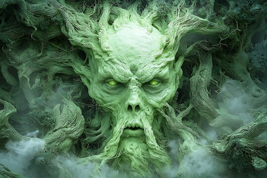 Enigmatic Green Creature Emerges from Twisted Roots and Fog in Dark Whimsical Landscape
