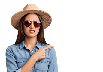 Displeased young woman in a stylish fedora hat and sunglasses pointing her finger to the side with an expression of disgust and disapproval, isolated on a white background