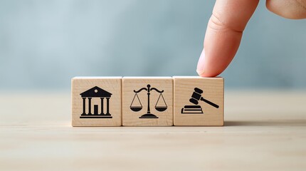 Law and justice, symbols such as a courthouse building, a balance scale, and a judge’s gavel, symbolizing legal decision-making, justice, and the rule of law.