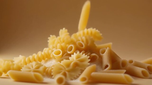 A close-up, shallow depth of field shot showcases a variety of uncooked pasta shapes artfully arranged against a warm, neutral background.