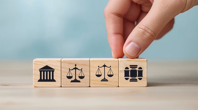 Law and justice, symbols such as a courthouse building, a balance scale, and a judge’s gavel, symbolizing legal decision-making, justice, and the rule of law.