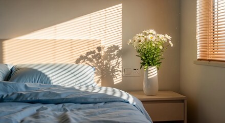 Serene Bedroom Morning Light Dappled Through Blinds and Flowers on Nightstand