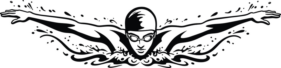 Butterfly stroke swimmer illustration, professional swimming athlete vector, competitive water sport design, swimming pool training graphic, sports fitness silhouette artwork © Hey there