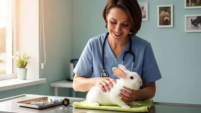 A compassionate female veterinarian provides gentle care to a small white rabbit during a professional health examination in a modern animal clinic, ensuring pet wellness