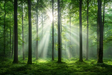 Obraz premium Serene Forest with Sunlight Filtering Through Tall Trees and Lush Green Underbrush