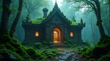Fototapeta premium A quaint stone cottage with moss-covered roof glows warmly amidst a lush, green forest, inviting viewers to a magical escape.
