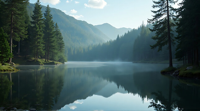 Serene mountain lake reflecting trees and mountains under a soft, misty morning light, creating a peaceful and scenic landscape.
